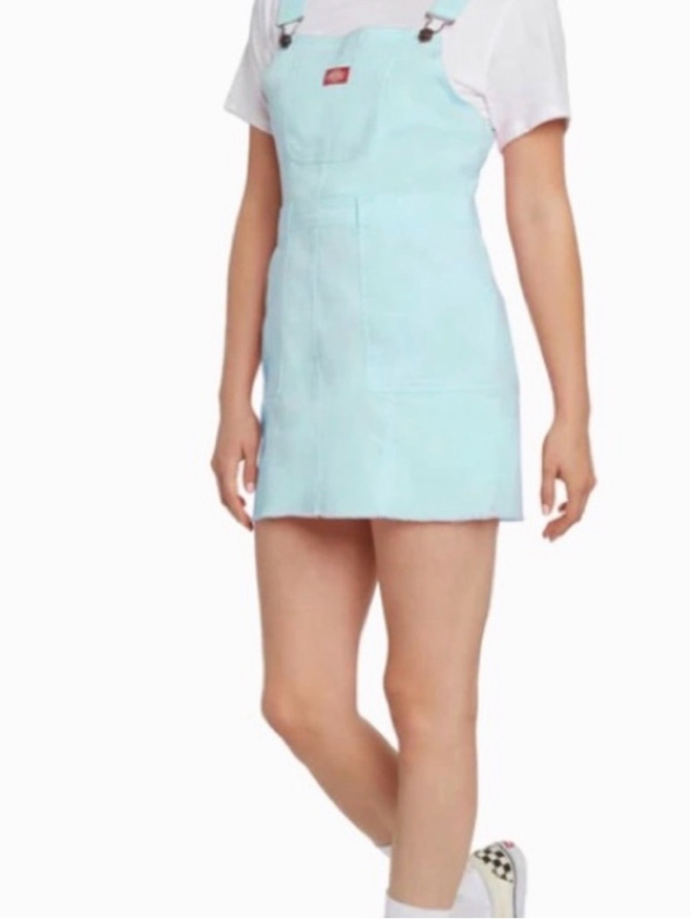 Dickies Women’ Aqua Blue Stretch Frayed Hem Back Zip Bib Overall Mini Dress Sz L